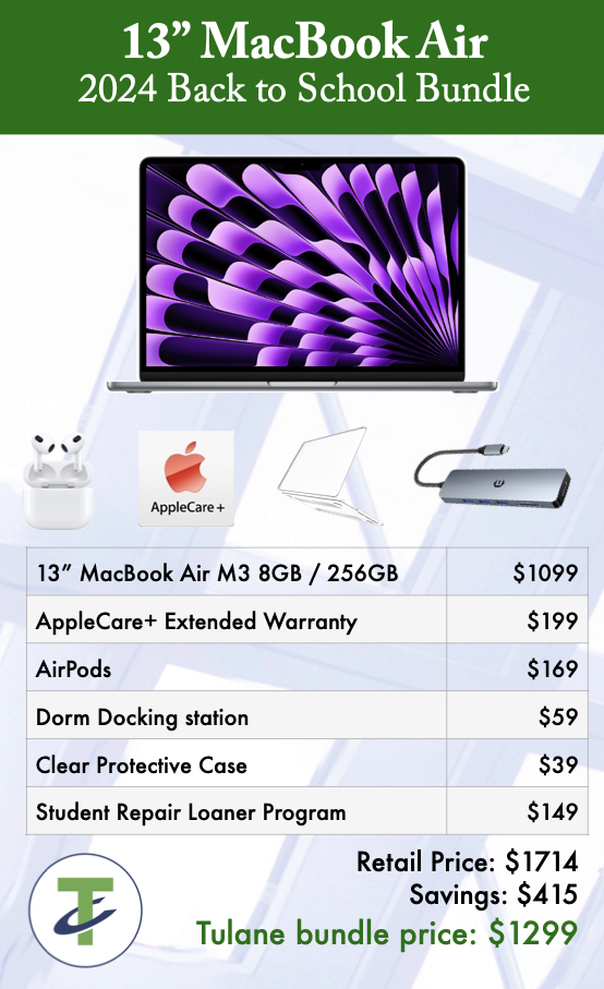 13in MacBook Air M3/8GB/256GB Bundle with Airpods